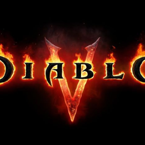 Logotipo oficial de Diablo V con letras de fuego estilizadas y la V romana ardiente en rojo sobre un fondo negro.