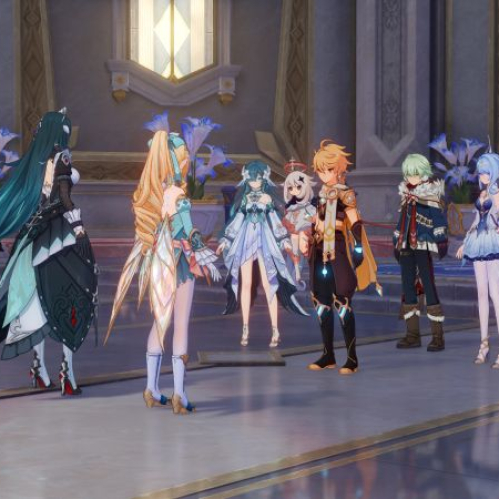Aether junto a Paimon y varios personajes de Snezhnaya, entre ellos Vesna y Vodyanitsa, conversan dentro de un salón palaciego iluminado decorado con flores azules y detalles dorados.