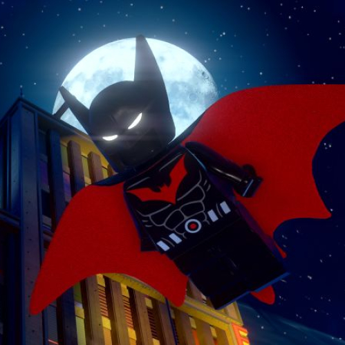 Figura estilo LEGO de un personaje en traje oscuro con detalles rojos, volando frente a una luna llena en un entorno urbano nocturno.