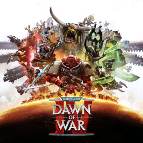 Arte principal de Warhammer 40,000: Dawn of War IV. Muestra un collage épico con guerreros e icónicos personajes de la franquicia sobre el planeta Kronus, incluyendo un Marine Espacial en primer plano, un Orco furioso, un Tech-Priest del Adeptus Mechanicus y guerreros Necrones y Eldar con espadas sierra y armas de energía al trasfondo.