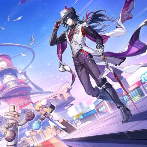 Ilustración de un personaje de estilo anime posando sobre una estructura elevada con una ciudad futurista al fondo, acompañada de elementos mecánicos y papeles flotando en el aire.