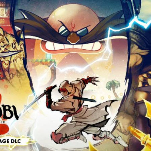 Ilustración con un ninja en posición de ataque rodeado por tres villanos emblemáticos de franquicias de SEGA, con un fondo estilizado que mezcla elementos urbanos y fantásticos.
