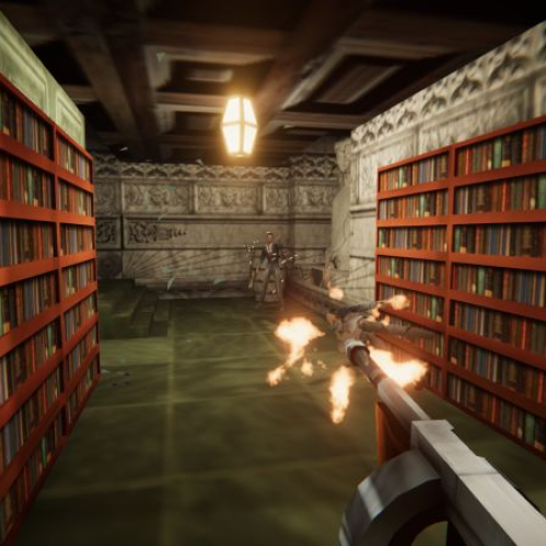 Escena de videojuego en una biblioteca donde el jugador dispara hacia un enemigo en un entorno de acción retro.