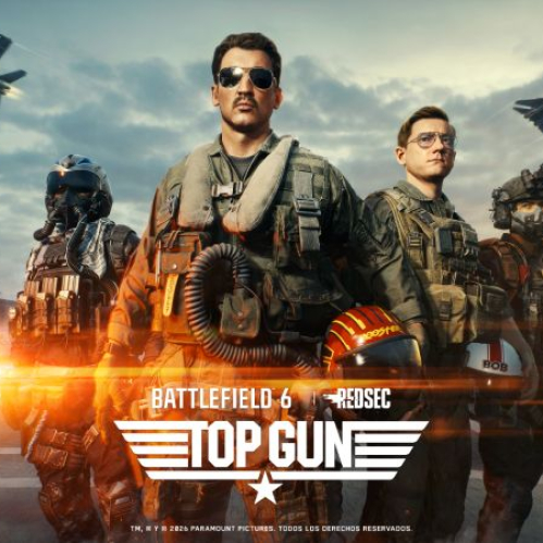 Arte promocional oficial del evento Battlefield 6 x Top Gun. Muestra al centro al Teniente Bradley "Rooster" Bradshaw con lentes de sol y chaleco de vuelo, flanqueado por pilotos y soldados armados en la cubierta de un portaaviones, con jets de combate despegando en el cielo.