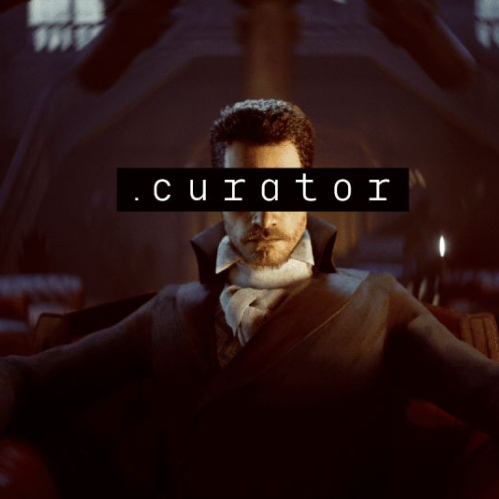Imagen promocional del videojuego .curator. Muestra a un hombre de aspecto victoriano con abrigo oscuro, cuello blanco y bigote sentado en un sillón de piel roja en un recinto elegante. Un rectángulo negro con la tipografía en blanco ".curator" cubre parcialmente el área de sus ojos.