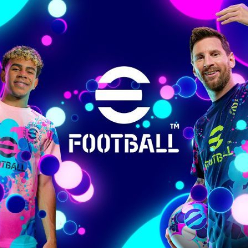 Arte promocional de eFootball con los embajadores Lamine Yamal (izquierda) sosteniendo un balón colorido y Lionel Messi (derecha) sonriendo con un balón bajo el brazo, rodeados por un fondo azul oscuro con esferas brillantes en tonos neón rosa y cian junto al logotipo oficial.