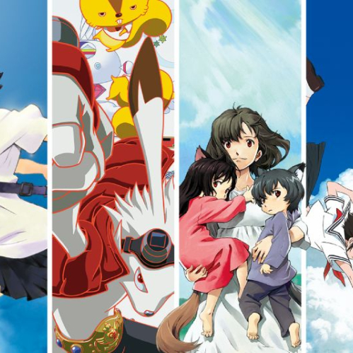 Póster con cuatro paneles que muestran escenas de películas de Mamoru Hosoda, con un anuncio de estreno en cines durante mayo.