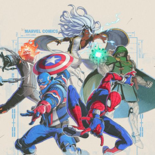 Ilustración estilo plano técnico o bosquejo azul con personajes de Marvel en estética anime/manga. Destacan Spider-Man y Capitán América al frente, escoltados por Ghost Rider con cadena, Doctor Doom lanzando energía verde y Storm invocando rayos en la parte superior.