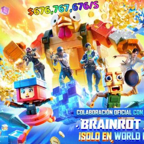 Imagen promocional con estética estilo bloques o juguetes del evento Brainrot Royale en World of Wonder de PUBG MOBILE. En el centro destaca un enorme pollo mecánico naranja y amarillo flanqueado por avatares de jugadores con armas, cajas coloridas, monedas volando y personajes cómicos hechos de bloques, incluyendo un tiburón volador y un aldeano con una sartén. En la parte inferior derecha aparece el texto "COLABORACIÓN OFICIAL CON ROBA UN BRAINROT - BRAINROT ROYALE ¡SOLO EN WORLD OF WONDER!".