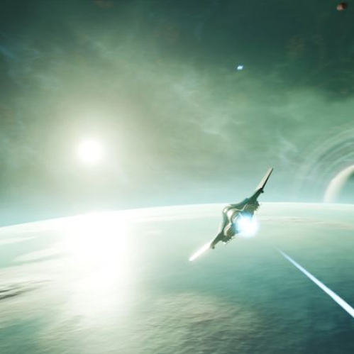 Nave espacial avanzando sobre un planeta iluminado por una estrella en un entorno de ciencia ficción.