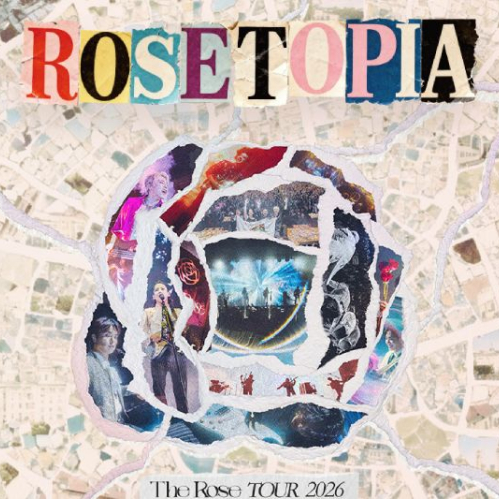 Póster con diseño artístico en forma de rosa que integra imágenes de una banda en concierto sobre un fondo urbano estilizado.