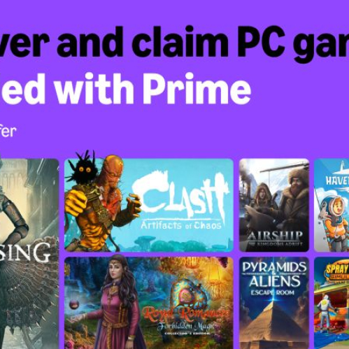 Imagen promocional morada de Amazon Luna y Prime Gaming con el texto "Discover and claim PC games Included with Prime - Limited time offer". Muestra las portadas de los juegos de PC disponibles para reclamar en agosto: Steelrising en primer plano a la izquierda, junto a Clash: Artifacts of Chaos, Airship: Kingdoms Adrift, Havendock, Hiveswap Friendsim, Royal Romances: Forbidden Magic, Pyramids and Aliens: Escape Room, Spray Paint Simulator y Right and Down.