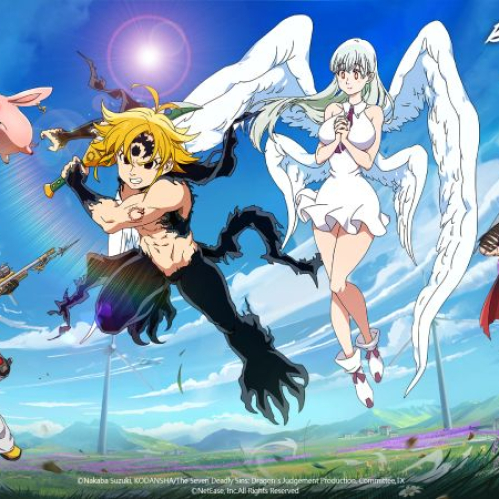 Personajes de The Seven Deadly Sins integrados en el universo de Blood Strike con estética de combate y fondo abierto con turbinas eólicas.