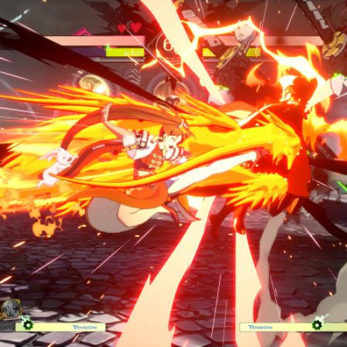 Dos personajes combaten en una arena de estilo gótico mientras uno ejecuta un ataque envuelto en llamas.