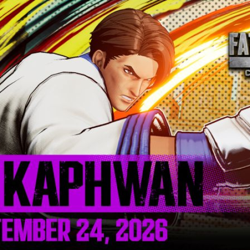 Ilustración promocional del personaje Kim Kaphwan lanzando un golpe directo con vestimenta tradicional de taekwondo. El fondo presenta tonos anaranjados y amarillos con estética gráfica de cómic, acompañado del logotipo oficial del videojuego y la fecha de lanzamiento.