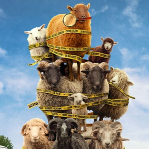 Póster con un grupo de ovejas apiladas en formación, envueltas en cintas de investigación, en un entorno campestre bajo cielo despejado.