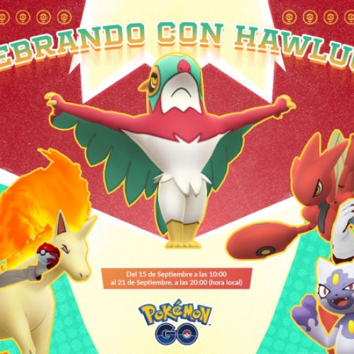 Ilustración oficial del evento Celebrando con Hawlucha. Al centro destaca la criatura Hawlucha con alas desplegadas. Del lado izquierdo aparece la líder Candela acompañada por Chimchar, Torchic y Rapidash. Del lado derecho se observa a Arlo junto a Scizor, Sneasel de Hisui y Mankey.