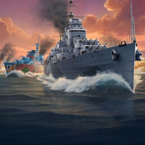 Ilustración promocional de World of Warships que muestra cuatro barcos de guerra navegando en formación en el mar al atardecer. En primer plano destaca un imponente destructor gris con sus cañones apuntando al frente, seguido por otros buques militares con camuflaje colorido bajo un cielo con nubes iluminadas en tonos naranjas y rosados.