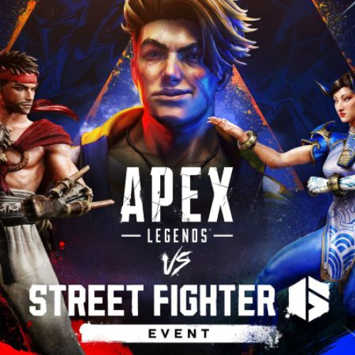 Imagen promocional del evento Apex Legends VS Street Fighter 6. Al centro destaca Mirage caracterizado como Luke sobre un fondo triangular. A la izquierda aparece Sparrow con la vestimenta de Ryu haciendo una pose de combate, y a la derecha Alter caracterizada como Chun-Li en pose de patada.
