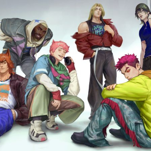Ilustración digital que muestra a los seis campeones del grupo virtual HEARTSTEEL posando en un estudio fotográfico con atuendos urbanos modernos, rodeados de luces de estudio sobre un fondo blanco.