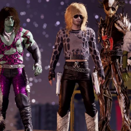 Captura de pantalla de Marvel's Guardians of the Galaxy: Encore Edition. Muestra a Rocket, Drax, Star-Lord, Groot y Gamora posando alineados con atuendos inspirados en el glam rock de los años 80, destacando cabelleras abultadas, estampados de leopardo, chalecos y acabados metálicos. En la esquina inferior derecha se aprecia el logotipo del juego.