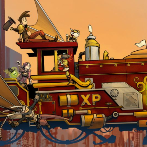 Ilustración de un tren volador estilizado con estética fantástica sobre una ciudad futurista, acompañado de personajes en una escena dinámica.