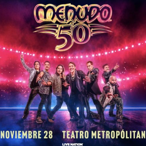Siete artistas posan sobre un escenario iluminado con tonos rosados y púrpuras, en un ambiente festivo que anuncia un concierto conmemorativo.