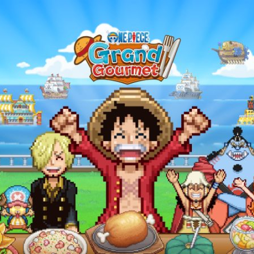Ilustración en arte pixel de ONE PIECE: Grand Gourmet. Al centro aparece Luffy festejando con los brazos abiertos frente a un banquete de comida. A su lado están Sanji, Nami, Usopp, Chopper, Robin, Franky, Brook, Jinbe y Zoro. Al fondo se observa el mar con barcos piratas y el logo del juego en la parte superior.