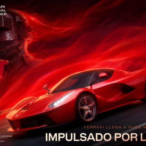 Ilustración promocional para el videojuego PUBG MOBILE. En primer plano, se observa un automóvil deportivo Ferrari LaFerrari de color rojo brillante avanzando a gran velocidad sobre el asfalto. Al fondo, sobre un fondo de humo rojo espeso y dinámico, destaca la silueta traslúcida de un soldado con casco militar táctico y visor. En la esquina superior izquierda se aprecian los logotipos de PUBG MOBILE y de Ferrari Official Partner, mientras que en la parte inferior aparece la frase "Impulsado por la pasión" en letras blancas.