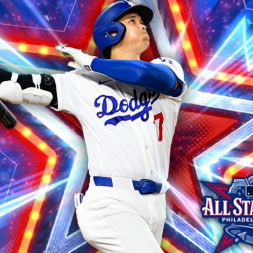 Ilustración digital y promocional del videojuego eBaseball: MLB PRO SPIRIT que presenta al beisbolista Shohei Ohtani de los Dodgers de Los Ángeles con su uniforme blanco y azul, sosteniendo un bate de béisbol con ambas manos en plena pose de bateo tras realizar un swing. Su rostro muestra concentración mirando hacia el cielo. El fondo de la imagen es vibrante y estilizado con luces de neón en tonos azul y rojo que forman estrellas brillantes. En la esquina inferior derecha se aprecia el logotipo oficial del All-Star Game Philadelphia 2026 sobre una campana de la libertad azul.