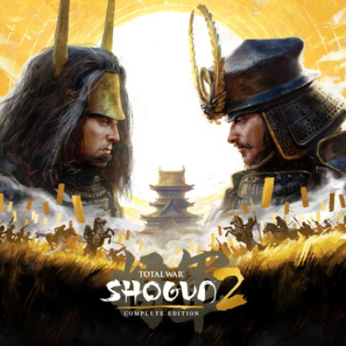 Ilustración artística en tonos dorados del juego Total War: SHOGUN 2: La Edición Completa. Muestra los rostros de dos samuráis con armadura frente a frente sobre una escena con un castillo feudal y ejércitos marchando. En la parte inferior destaca el logotipo oficial del título sobre un fondo claro.