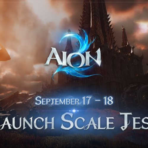 Arte promocional de AION 2 con el logotipo azul del juego al centro, la leyenda SEPTEMBER 17 - 18 LAUNCH SCALE TEST y una estructura oscura iluminada bajo un cielo dramático.