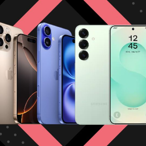 Cuatro smartphones modernos colocados sobre un fondo geométrico en tonos negro, rosa y gris.