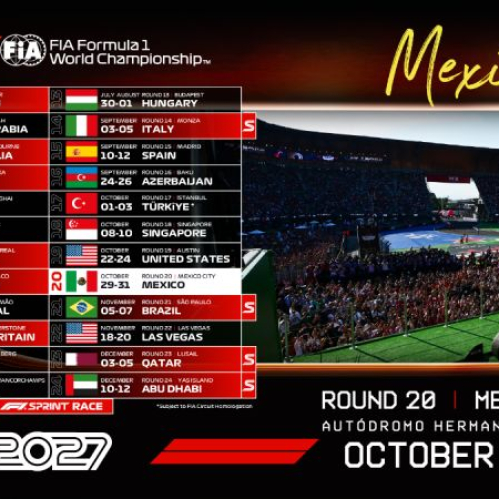 Grafismo oficial del calendario 2027 de Formula 1 que muestra las 24 fechas confirmadas a la izquierda y una toma del Autódromo Hermanos Rodríguez con un monoplaza en pista a la derecha.