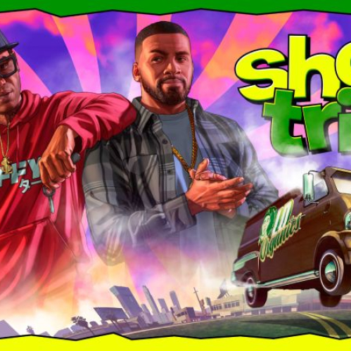 Ilustración colorida con dos personajes posando junto a una camioneta temática, con estética urbana y elementos gráficos vibrantes.