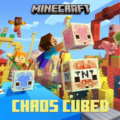 Arte promocional con personajes de Minecraft interactuando con cubos, criaturas y bloques en un entorno dinámico y colorido.