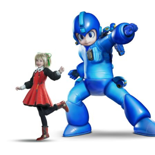 Los personajes Hugh y Diana posan portando trajes temáticos estilizados de Mega Man y Roll sobre un fondo blanco impecable.