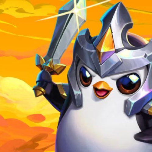 Ilustración de un personaje estilo pingüino con casco metálico y espada levantada, sobre un fondo de nubes anaranjadas.