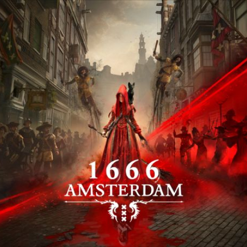 Arte promocional oficial de 1666: Amsterdam que muestra a la protagonista vestida con túnica roja y báculo, flanqueada por una multitud histórica a la izquierda y una escena envuelta en neblina roja y fuego a la derecha.