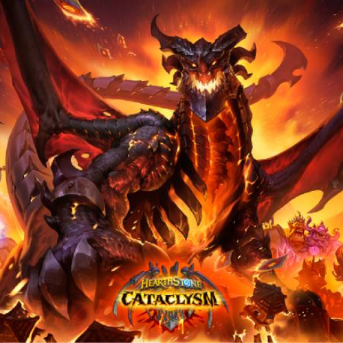Ilustración con un dragón imponente rodeado de fuego y personajes en combate, representando el caos y la magnitud del evento Cataclismo dentro del universo de Hearthstone.