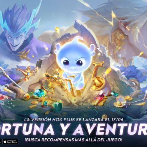 Ilustración promocional con personajes de fantasía rodeados de elementos mágicos y tesoros.