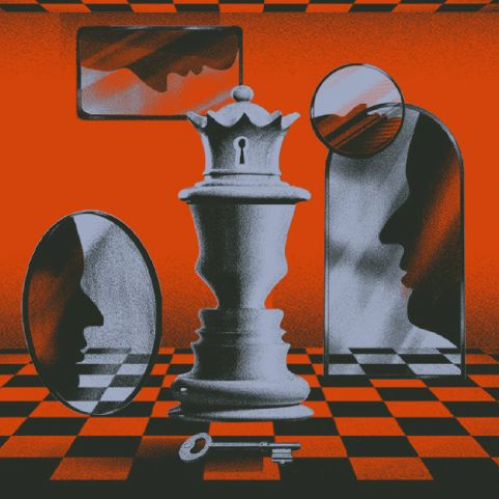 Cartel promocional de la gira de Interpol en México con diseño surrealista en tonos rojos y negros, mostrando un tablero de ajedrez, un espejo ovalado con rostros reflejados y una pieza de reina en el centro sobre fondo de textura geométrica.