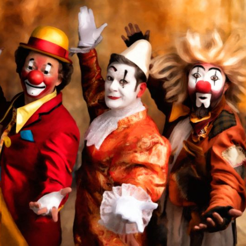 Fotografía promocional con tres clowns en escena, vestidos con trajes coloridos y poses expresivas.