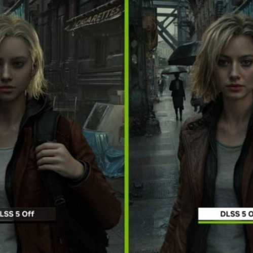 Comparación entre dos versiones de una misma escena urbana bajo la lluvia, mostrando diferencias de nitidez y detalle en un personaje femenino según DLSS 5 esté activado o desactivado.