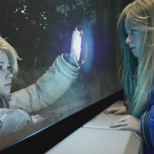 Dos personajes jóvenes separados por una superficie transparente, uno con traje futurista y otro con armadura azul, conectados por un dispositivo luminoso en un entorno oscuro.