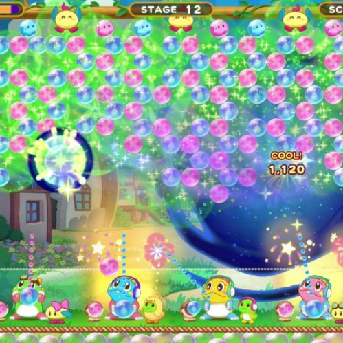 Escena de gameplay de Puzzle Bobble Everybubble con múltiples burbujas de colores, personajes caricaturescos y efectos visuales en un entorno colorido.