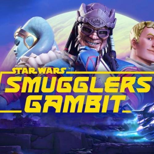 Arte promocional oficial del juego Star Wars: Smugglers Gambit en Fortnite. Muestra el logotipo de Star Wars Smugglers Gambit en color amarillo al centro sobre un fondo nocturno con luna. En el centro aparece el personaje alienígena Hondo Ohnaka sonriendo con la mano en la barbilla, flanqueado por una mujer Twi'lek de piel azul y un personaje masculino rubio. En la esquina inferior derecha vuela una nave espacial disparando un rayo azul.