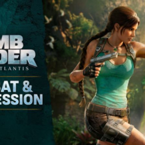 Imagen promocional oficial del episodio 06 de la serie de minidocumentales de Tomb Raider: Legacy of Atlantis. Muestra el logotipo del juego en el lado izquierdo sobre un fondo verde oscuro con el subtítulo "COMBAT & PROGRESSION" y el número "06" en la esquina superior derecha. A la derecha aparece Lara Croft luciendo su clásico atuendo verde y café, peinada con una trenza larga y sosteniendo una de sus pistolas dobles apuntando de frente en un entorno selvático con una cascada y ruinas de piedra.