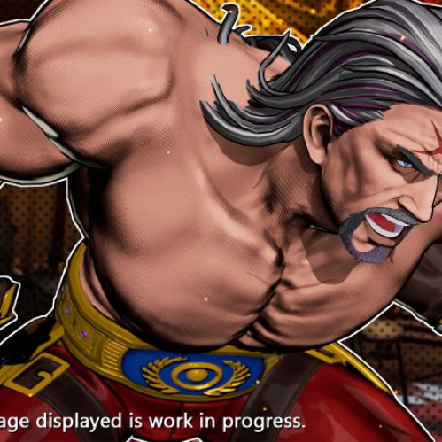  Render del personaje Wolfgang Krauser en FATAL FURY: City of the Wolves, mostrando su diseño muscular, cabello grisáceo con mechones morados y cicatriz en la frente. Viste guantes dorados y marrones, con un cinturón ornamentado. El fondo muestra un escenario luminoso y decorado. Texto inferior indica que el material es trabajo en progreso.