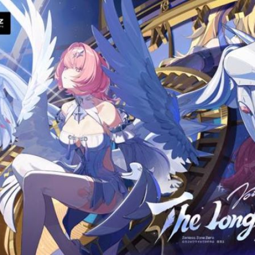 Ilustración oficial del videojuego Zenless Zone Zero para la versión tres punto uno titulada The Long Goodbye. En el centro, el personaje Remielle Dan, una mujer de cabello corto color rosa y ojos claros, posa vistiendo un traje azul y blanco mientras despliega un par de grandes alas de plumas de color azul oscuro y blanco. A su derecha y en el fondo, se observa a Sigrid, un personaje femenino de cabello rubio largo, de perfil. Ambas están dispuestas frente a la estructura dorada de un gran reloj mecánico bajo un cielo nocturno estrellado con planetas visibles a la izquierda. En la esquina superior izquierda se aprecian los logotipos de EZ Studio y ZZZ Zenless Zone Zero, mientras que en la esquina inferior derecha aparece el título Void Hunter The Long Goodbye escrito en fuentes estilizadas blancas y rosas.